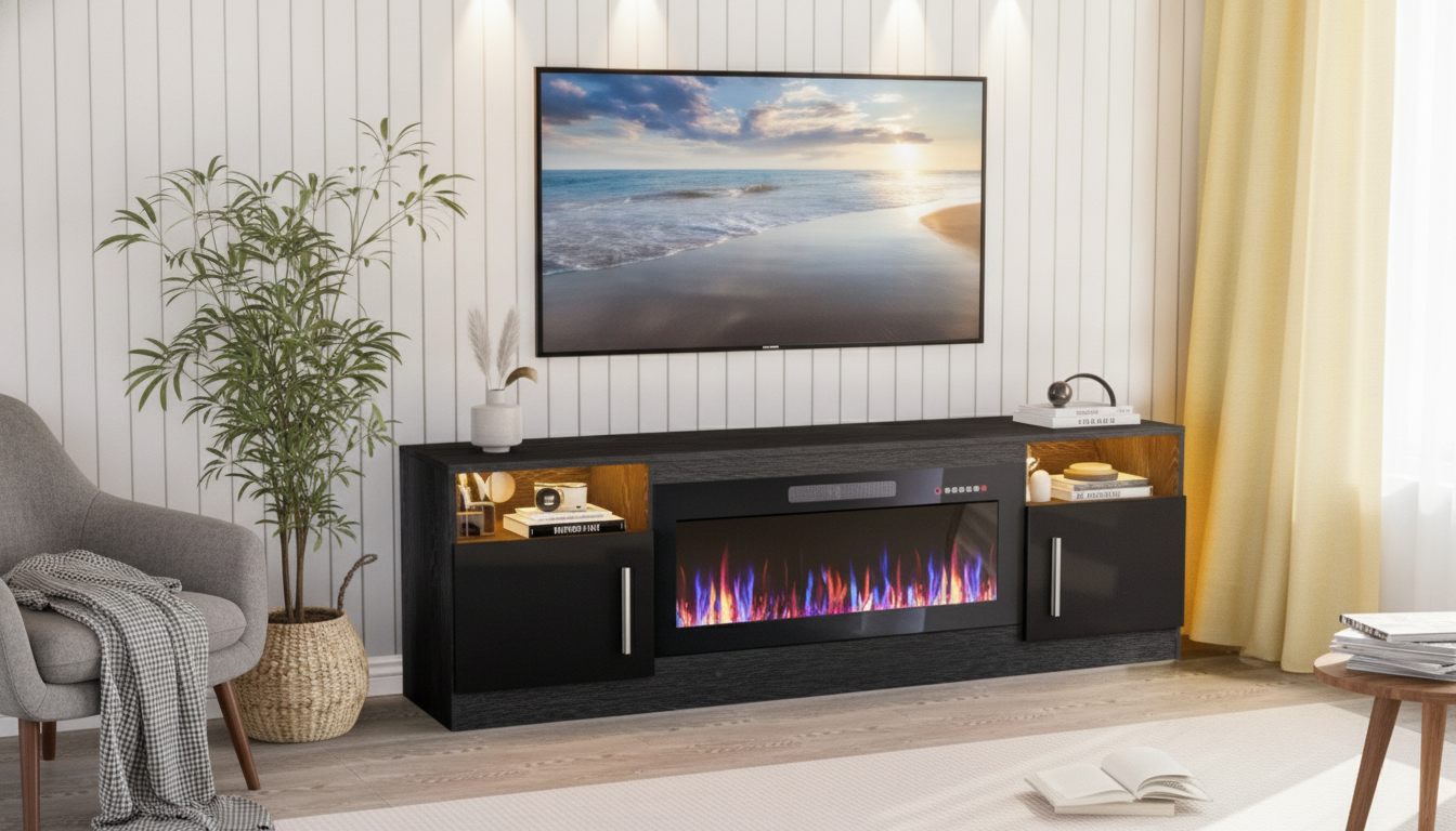 70-Inch Modern Fireplace TV Stand: LED + 36" Heater