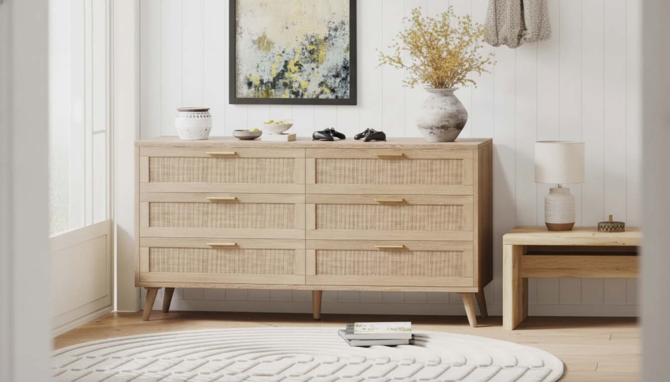 Rattan 6-Drawer Double Dresser with Gold Handles