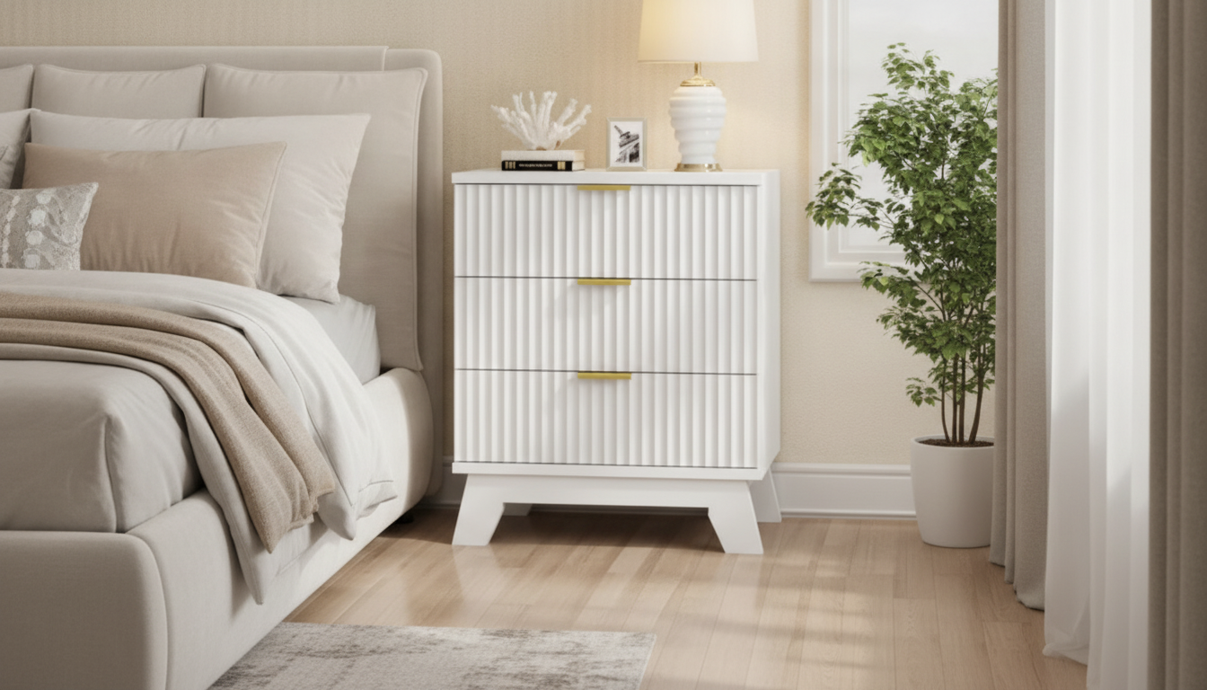 White Fluted 3-Drawer Nightstand: 24” Wide Side Table